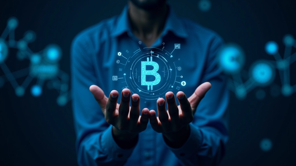 Kryptowährung und Blockchain-Konzept mit digitalen Symbolen auf dunklem Bildschirm, Technologie-Setup