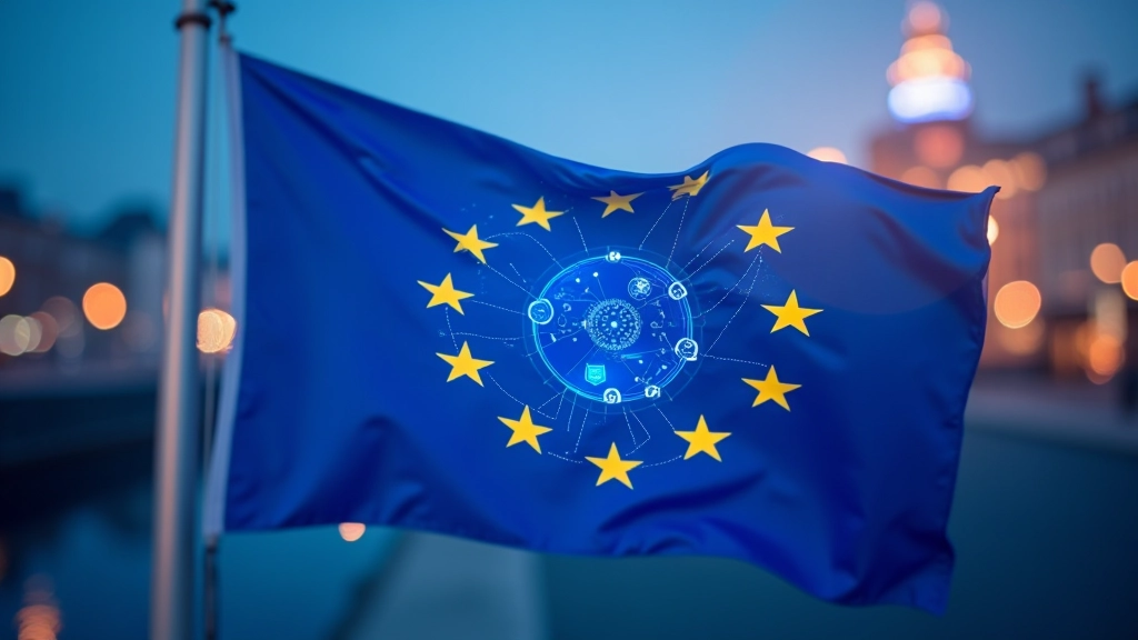 Moderne EU-Flagge mit Blockchain-Symbolen und digitalen Netzwerk-Elementen, europäisches Regulierungs-Konzept