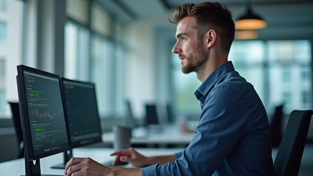Finanzanalyst arbeitet an Computer mit Blockchain-Daten und Diagrammen, modernes Büro mit mehreren Bildschirmen