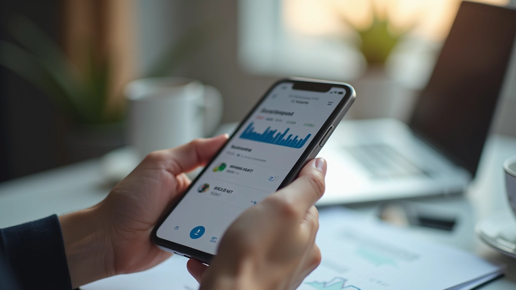 Smartphone zeigt Fintech-App mit Investitionsoptionen, Hände halten das Gerät, moderner Hintergrund