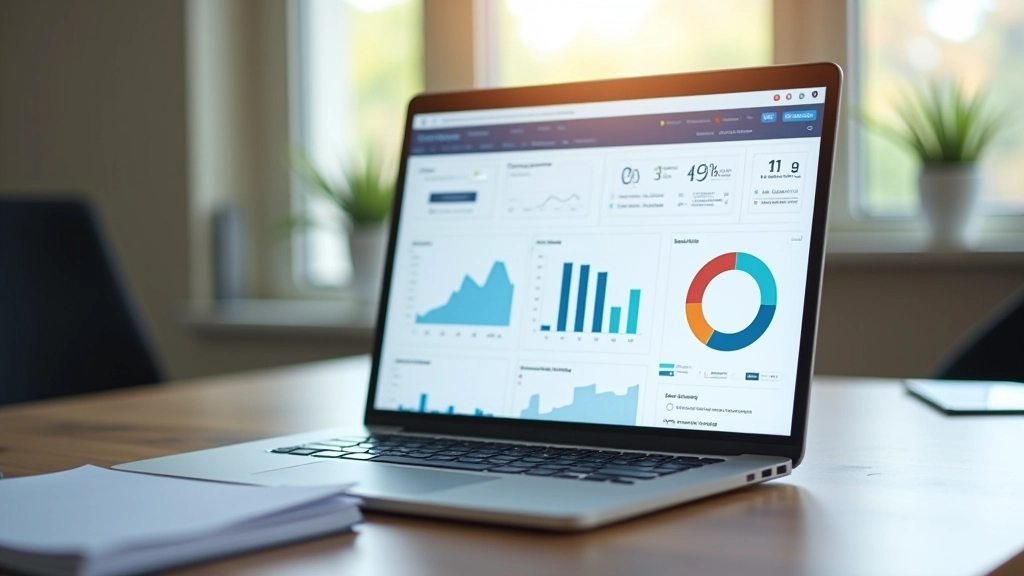 Laptop-Bildschirm zeigt Dashboard einer Fintech-Vermögensverwaltungs-App mit Diagrammen und Portfolio-Übersicht, modernes Büro-Setup, helles natürliches Licht
