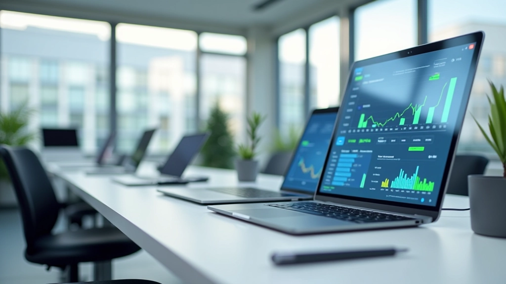 Modernes Fintech-Büro mit Laptops und Finanztools, helles Licht, professionelle Umgebung