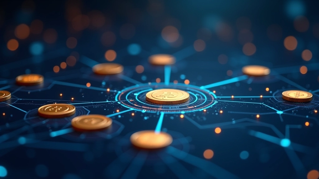 Verschiedene Kryptowährungen und Token-Symbole auf digitaler Oberfläche, dezentrales Netzwerk-Konzept