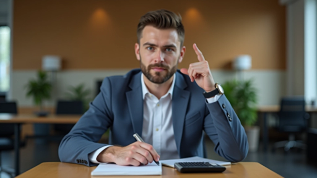 Person sitzt an modernem Schreibtisch mit Notizbuch und Taschenrechner, arbeitet an Finanzplanung, warm beleuchtetes Büro, oberer Körper sichtbar, konzentriert