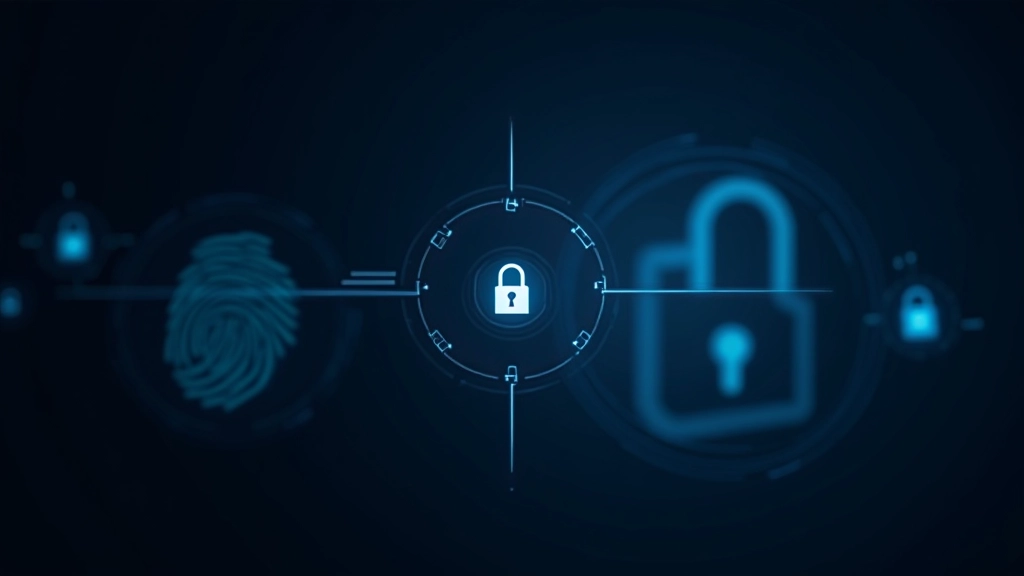 Sicherheits-Symbole auf dunklem Hintergrund, Schloss-Icon, Fingerabdruck-Scan, Kryptografie-Illustration, modernes Fintech-Design