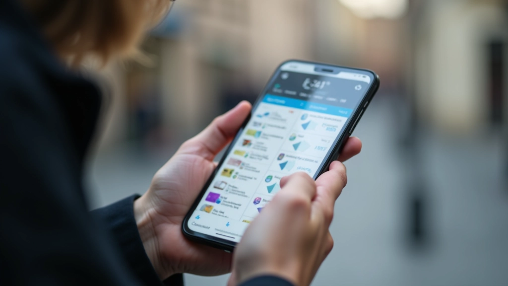 Smartphone in Hand zeigt verschiedene Banking-Apps nebeneinander, Fintech-Apps und traditionelle Banken-Apps, modernes Interface-Design