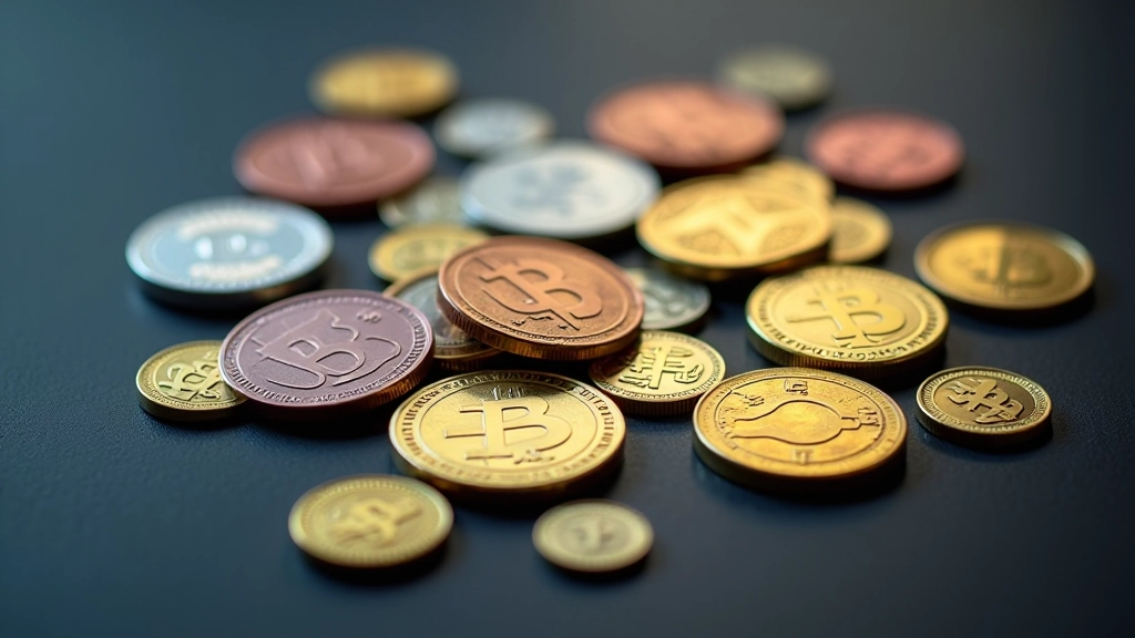 Grafik zeigt verschiedene Münzen und digitale Vermögenssymbole, farbig angeordnet auf dunklem Untergrund, moderne Finanz-Ästhetik